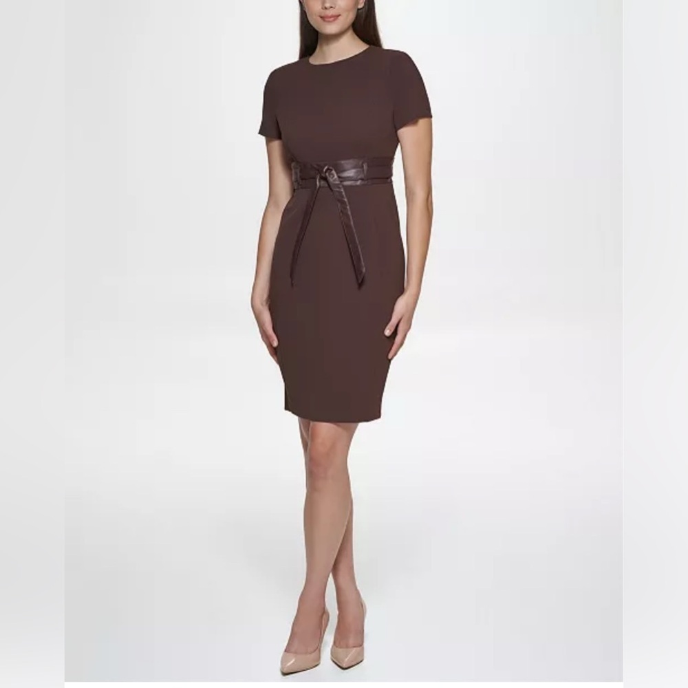 Calvin Klein Solid Brown Faux-Leather Tie-Waist Sheath Dress | Size 6